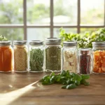 A collection of seasoning jars with labels for Italian, Cajun, taco, and homemade blends on a rustic kitchen counter.