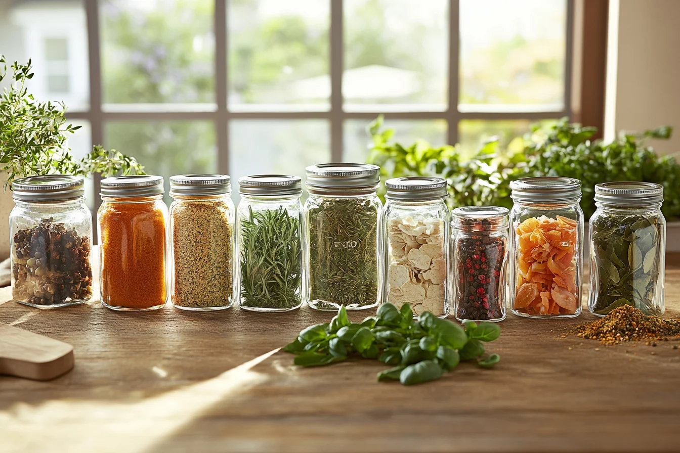 A collection of seasoning jars with labels for Italian, Cajun, taco, and homemade blends on a rustic kitchen counter.