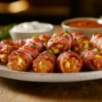 : A plate of Buzzard Billy's Armadillo Eggs with jalapeños, sausage, bacon, and dipping sauce.