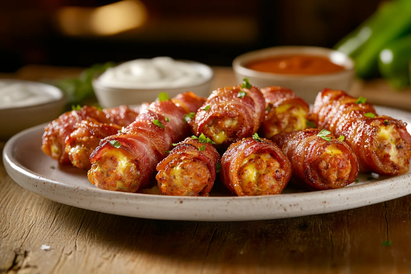 : A plate of Buzzard Billy's Armadillo Eggs with jalapeños, sausage, bacon, and dipping sauce.