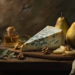 "A wedge of blue cheese with visible veins, paired with fruits and nuts on a rustic wooden board."