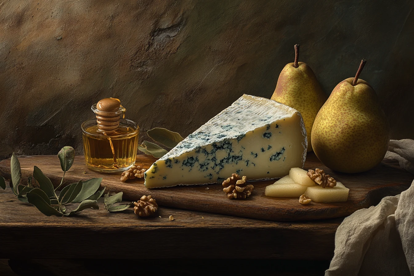 "A wedge of blue cheese with visible veins, paired with fruits and nuts on a rustic wooden board."