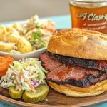 A perfectly prepared brisket sandwich with barbecue sauce, coleslaw, and pickles on a brioche bun."