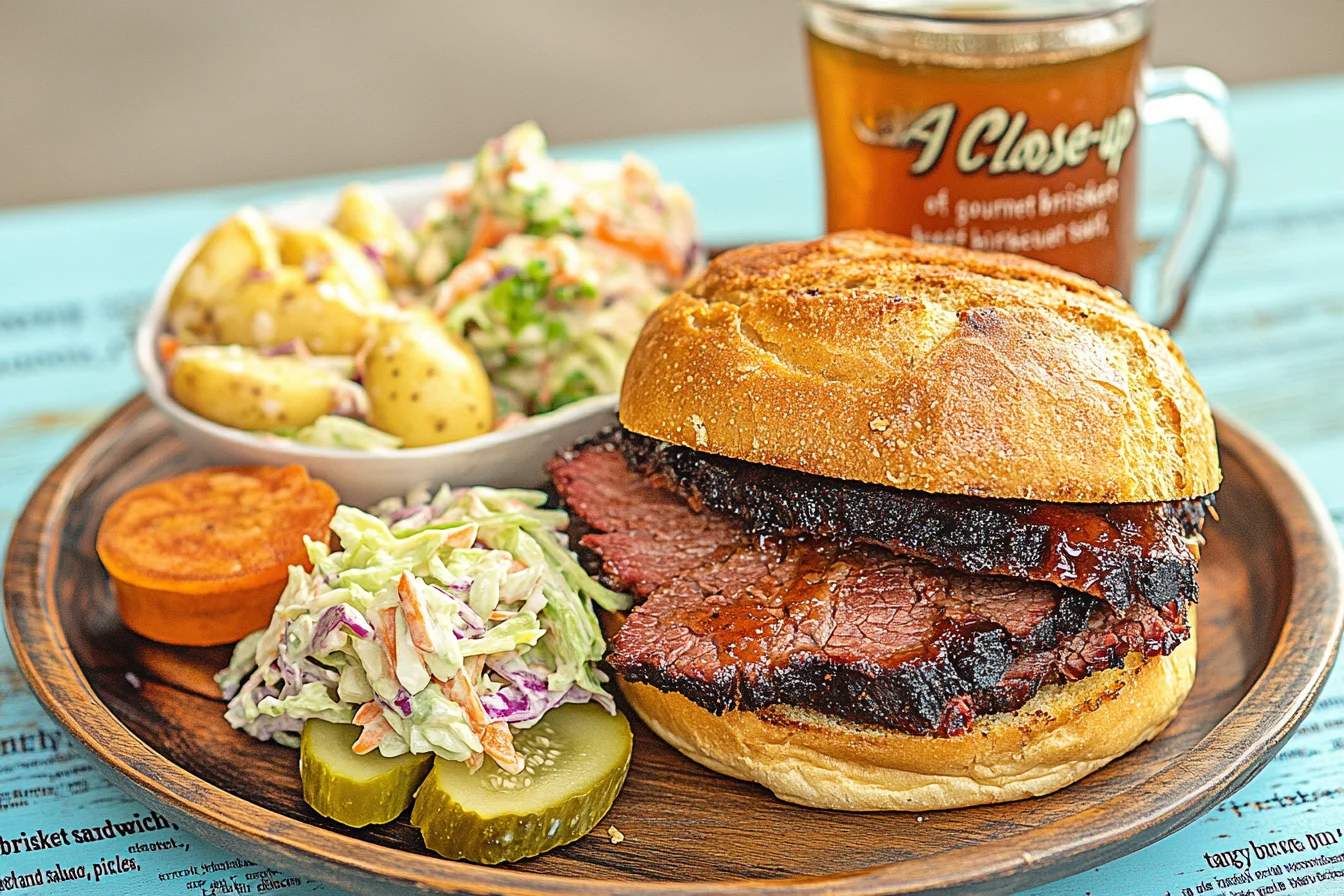 A perfectly prepared brisket sandwich with barbecue sauce, coleslaw, and pickles on a brioche bun."