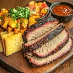 A platter of brisket slices paired with a variety of cheeses, including smoked gouda, brie, and cheddar, on a rustic wooden table.