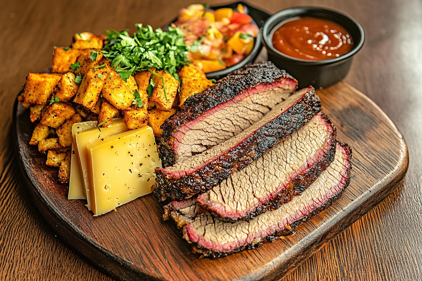 A platter of brisket slices paired with a variety of cheeses, including smoked gouda, brie, and cheddar, on a rustic wooden table.