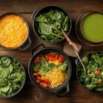 A vibrant display of spinach recipes, including salads, smoothies, and side dishes, on a rustic wooden table