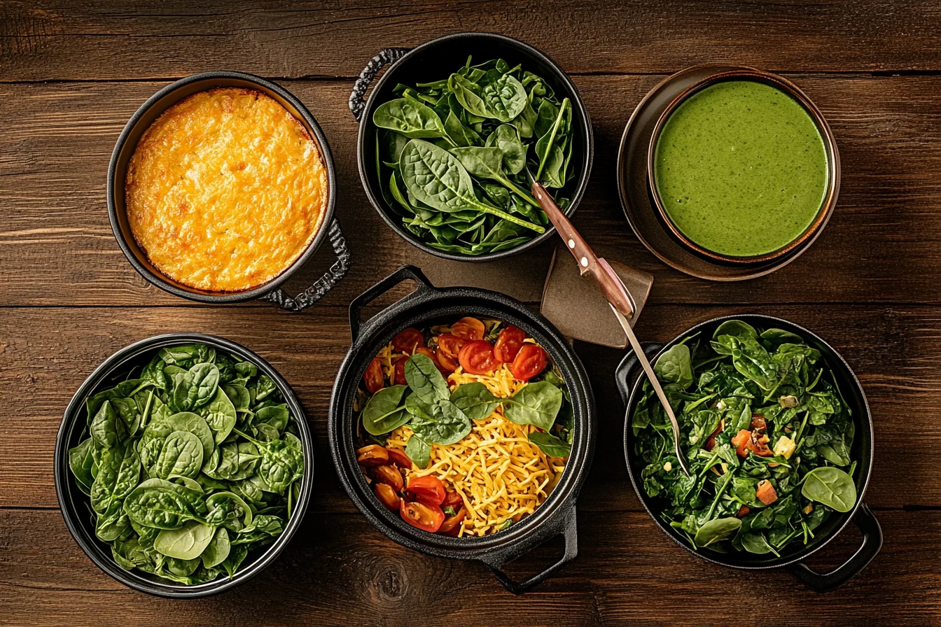 A vibrant display of spinach recipes, including salads, smoothies, and side dishes, on a rustic wooden table