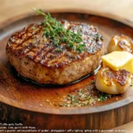 "Truffle Garlic Butter Steak served on a rustic plate with garnishes of fresh thyme and garlic cloves"