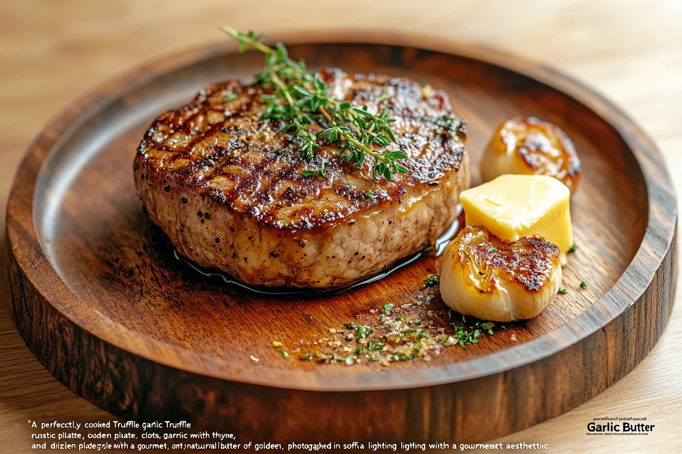 "Truffle Garlic Butter Steak served on a rustic plate with garnishes of fresh thyme and garlic cloves"