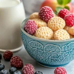 A vibrant bowl of homemade cookie cereal served with milk, featuring tiny, golden-brown cookies.