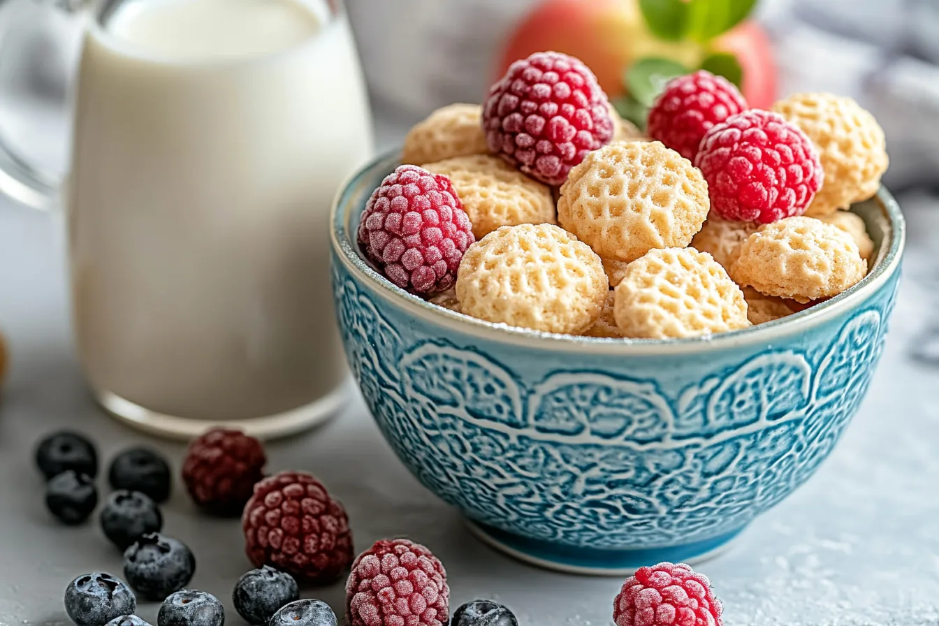 A vibrant bowl of homemade cookie cereal served with milk, featuring tiny, golden-brown cookies.