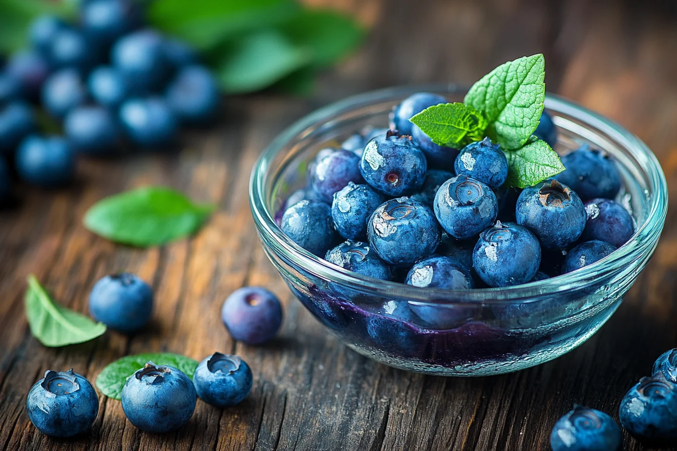 A vibrant close-up of fresh blueberries in a glass bowl, surrounded by scattered blueberries and green leaves on a wooden table.