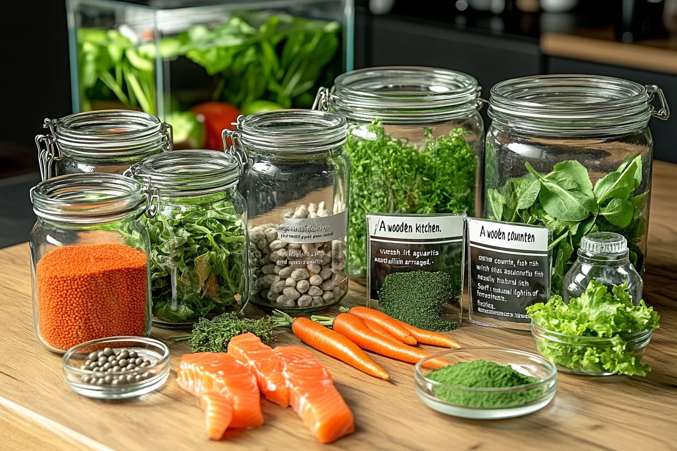 A variety of fresh ingredients like fish, vegetables, and spirulina used to make homemade fish food, displayed near an aquarium.