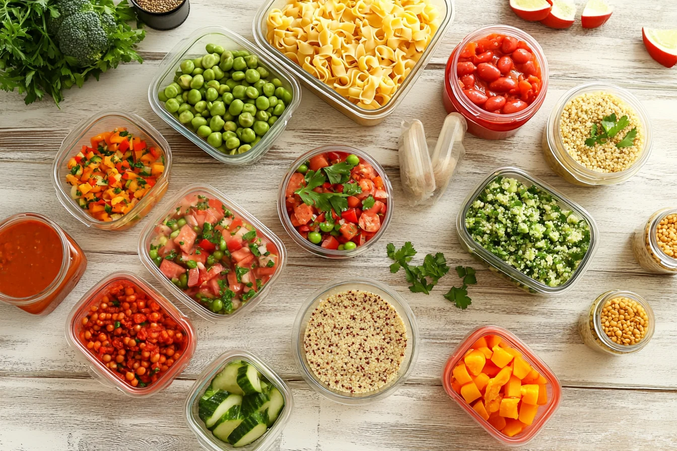 A variety of healthy, pre-portioned meal options for singles, including fresh vegetables, quinoa, pasta, and legumes stored in glass containers.