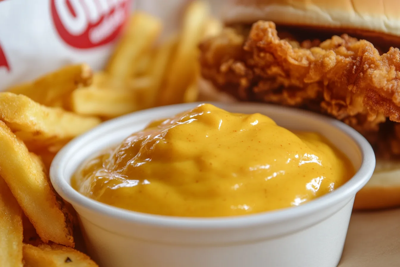 Close-up of Chick-fil-A Sauce in a white cup surrounded by waffle fries and a crispy chicken sandwich.