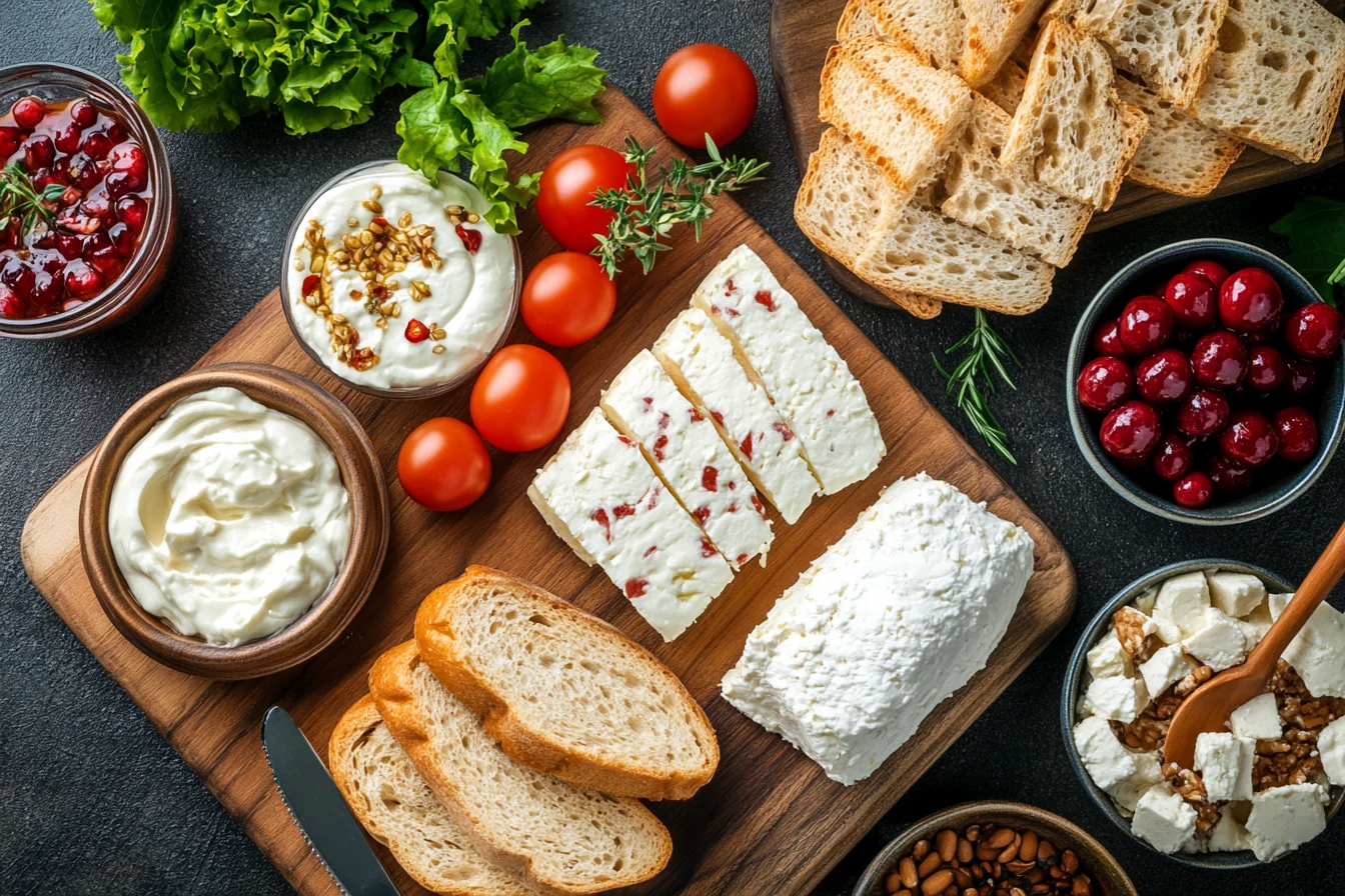 Cream cheese vs spread displayed on a wooden board with bread slices, cherry tomatoes, cranberries, and fresh greens for versatile culinary use.