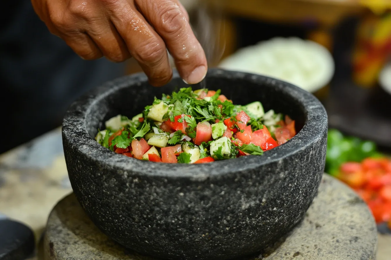 A close-up of freshly prepared vegetables in a molcajete with a hand sprinkling spices.