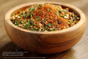 all purpose seasoning 2 A wooden bowl filled with a mix of spices and herbs, including paprika, black pepper, and dried parsley.