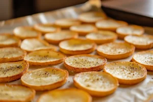 bagel chips 2 "Sliced bagels being baked into crispy bagel chips on a parchment-lined baking tray.