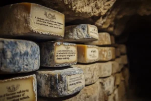 bleu cheese 2 "A rustic cave with aging wheels of blue cheese, showcasing natural conditions ideal for mold development."