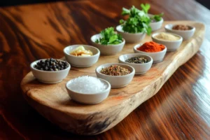 What can I use in place of all-purpose seasoning? 2 Close-up of salt, pepper, garlic powder, onion powder, and paprika on a wooden board with small bowls