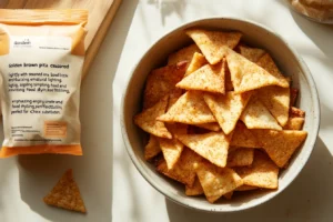 "An assortment of crackers, including Wheat Thins and Triscuits, arranged neatly for Chex Mix preparation." 