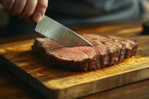  A smoked brisket being sliced on a wooden cutting board with a visible smoke ring and juicy texture.