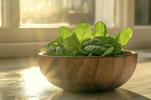 Popular Recipes 2 A close-up of fresh spinach leaves in a wooden bowl, emphasizing their rich green color and health benefits.
