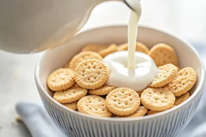 "Close-up of milk pouring into a bowl of cookie cereal made with tiny, golden-brown cookies."