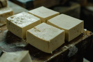 What is the difference between tofu and Tauhu? 2 Firm tofu blocks placed on a wooden surface, with a slightly rough texture.