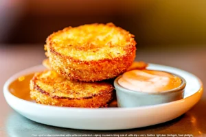 Golden brown, crispy fried green tomatoes served with a side of creamy dipping sauce.