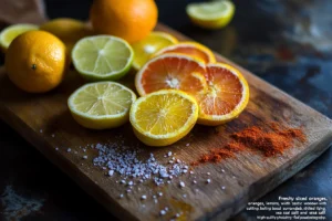 What is Pollo Asado seasoning made of? 2 Slices of fresh oranges, lemons, and limes with zest in a rustic setting.