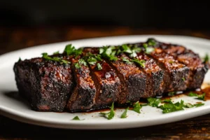 What temperature to smoke a meatloaf? 2 Close-up of a sliced smoked meatloaf showcasing its juicy interior and smoky crust, served with fresh herbs.