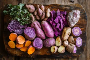  A selection of purple sweet potato varieties, including Okinawan and Stokes, displayed in a colorful arrangemen