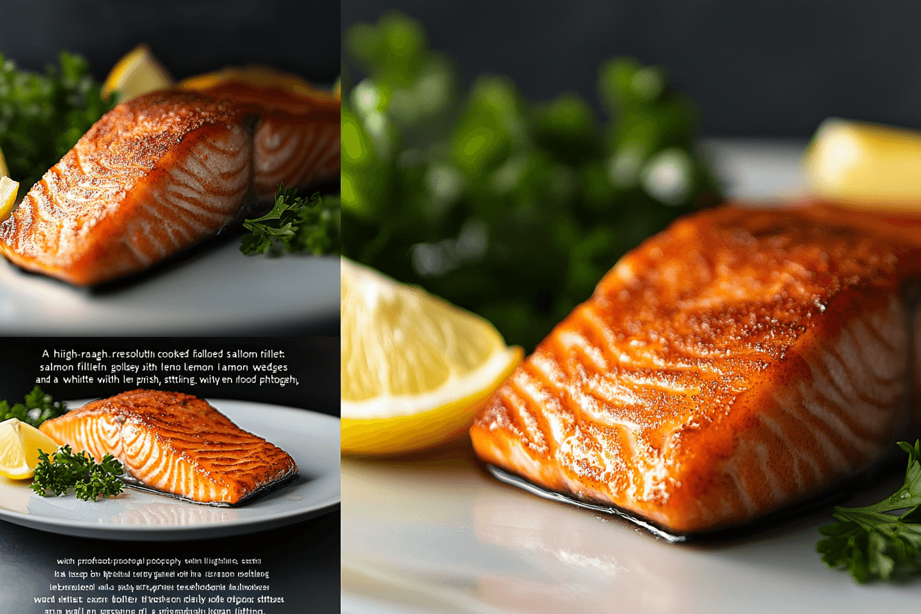 A golden, crispy-skinned salmon fillet served on a plate with lemon wedges and parsley garnish.