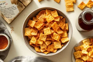 "Golden brown pita chips in a bowl, ready to be used as substitutes for bagel chips in Chex Mix." 