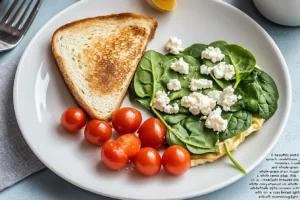 Popular Recipes 3 A beautifully plated spinach omelette with cherry tomatoes and feta cheese, served with whole-grain toast.