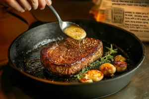 "Ribeye steak sizzling in a hot cast-iron skillet with garlic and melted butter being spooned over" 