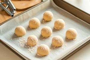 "Raw dough shaped into small cookie balls on a parchment-lined baking sheet, ready to be baked for cookie cereal