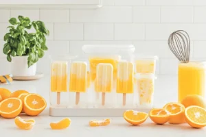 dreamsicle 2 Homemade Dreamsicles with orange juice and vanilla cream layers in popsicle molds.