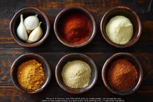 What is Pollo Asado seasoning made of? 3 A flat-lay view of garlic powder, onion powder, cumin, and smoked paprika on small dishes.