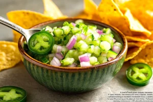 A bowl of freshly made green tomato salsa with diced jalapeños, onions, and cilantro.