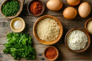 What temperature to smoke a meatloaf? 3 Ground beef and pork, fresh herbs, eggs, breadcrumbs, and seasonings arranged on a wooden countertop.