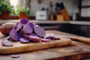 A comparison of peeled and unpeeled purple sweet potatoes on a cutting board.