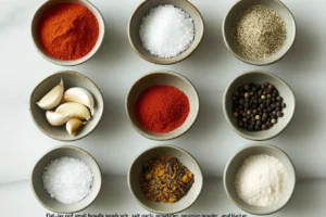 all purpose seasoning 3 A flat-lay of common all-purpose seasoning ingredients: salt, garlic powder, onion powder, paprika, and black pepper.