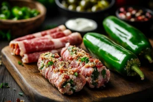 armadillo eggs 3 Fresh jalapeños, cream cheese, ground sausage, bacon, and breadcrumbs displayed on a cutting board.