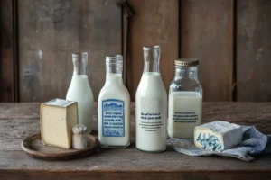 bleu cheese 3 "Bottles of fresh cow, sheep, and goat milk on a wooden table, symbolizing the foundation of blue cheese flavors."