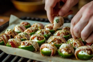 What is a Buzzard Billy's armadillo egg 4 Jalapeños being stuffed with cheese and wrapped in sausage and bacon.