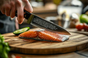 How does Gordon Ramsay make their salmon crispy? 2 A chef's hand scoring the salmon skin with a sharp knife on a cutting board.